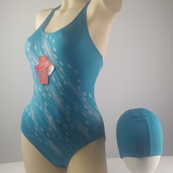 swimsuit with cap blue with touch of silver on front, size M - Picture 2 of 11